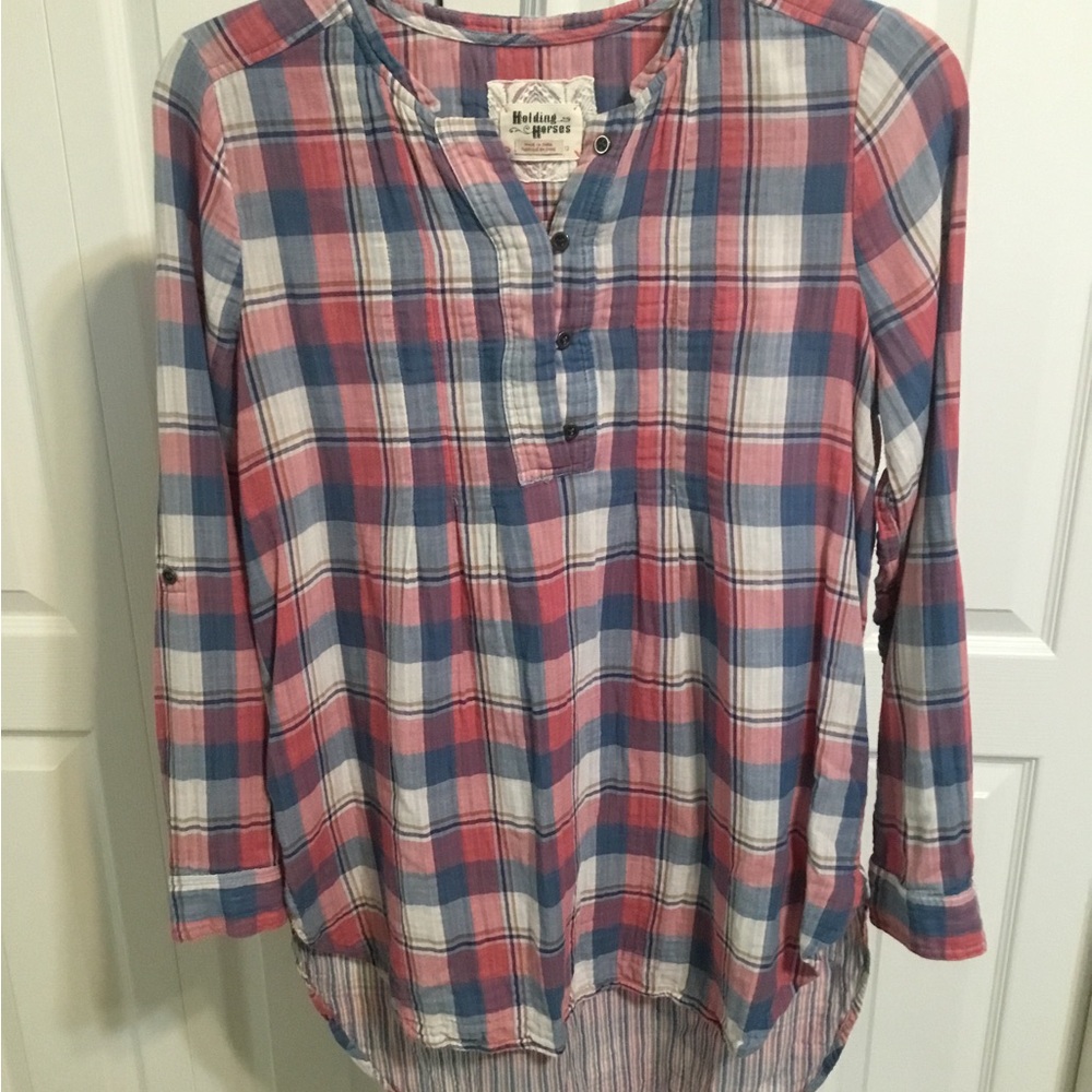 Anthropologie Holding Horses Pink and Blue Plaid Tunic